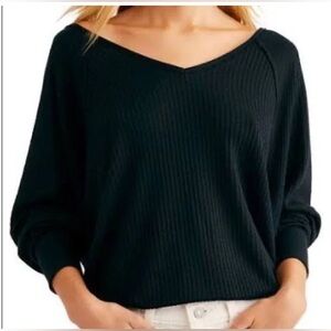 We The Free Santa Clara Deep V-Neck Oversize Long Sleeve Thermal Sweater-Black